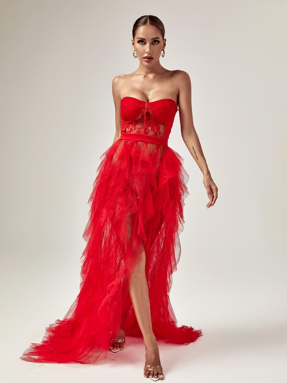Strapless Red Tulle Evening Dress Perfect For Christmas Holiday Womens XL